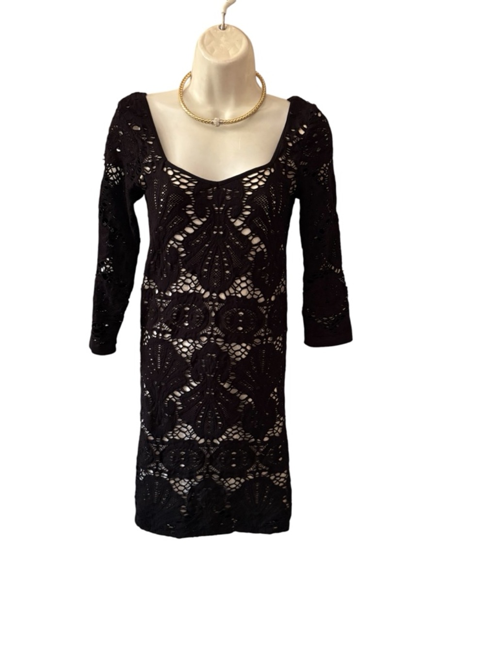 Intimately FP Black Crochet Long-Sleeve Scoop-Neck Dress